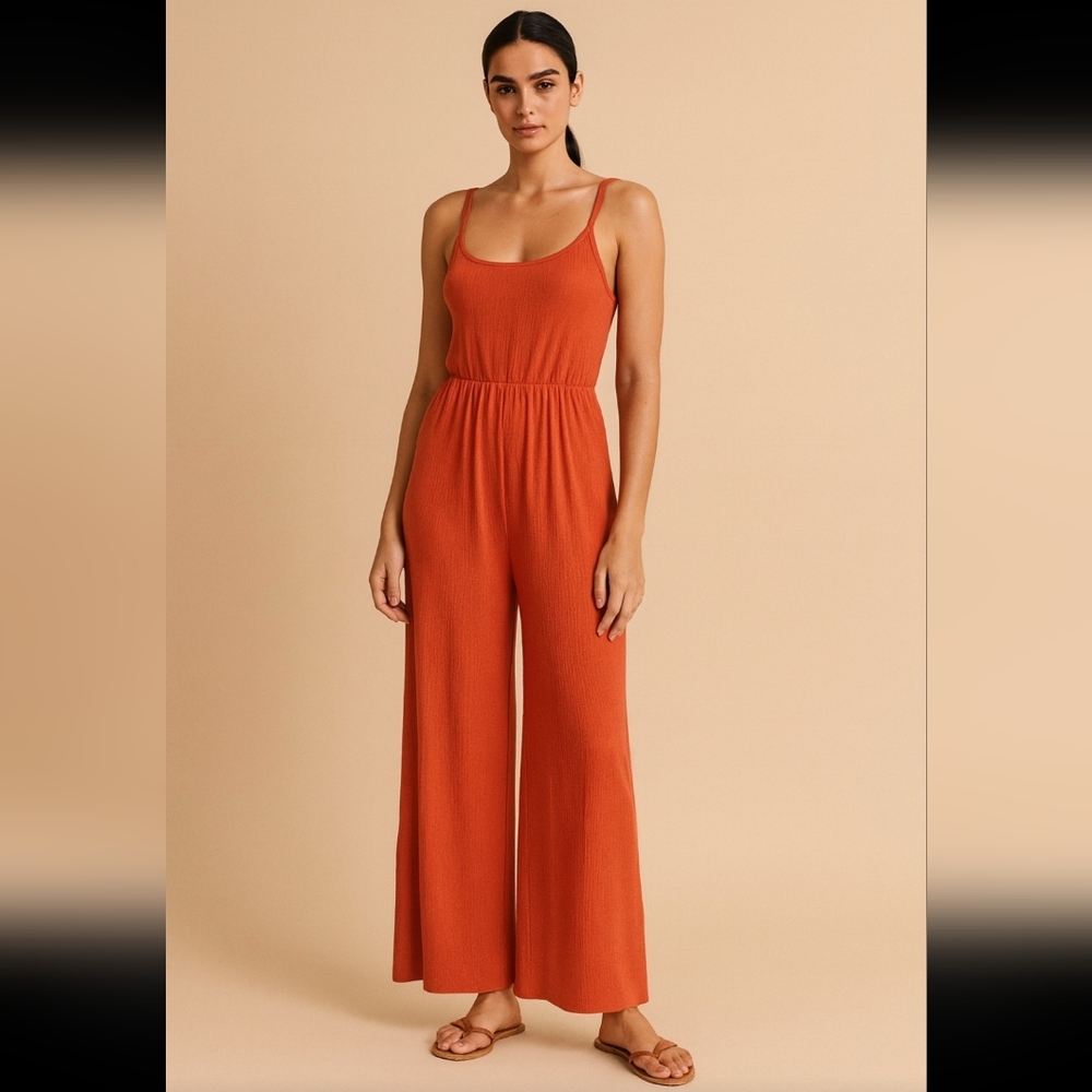 Double Zero Vibrant Orange Ribbed Maxi Wide Leg Jumpsuit Sz Small